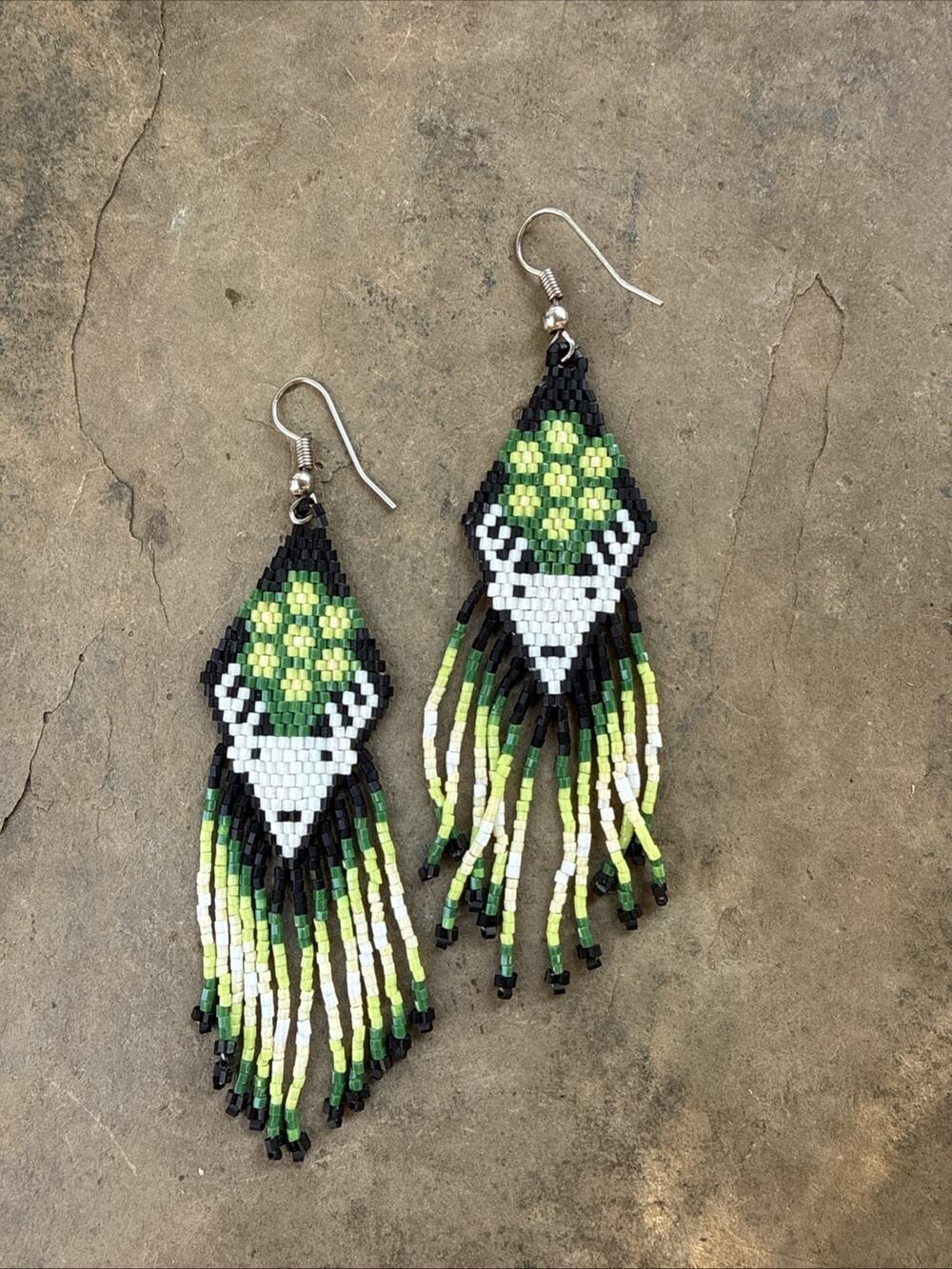 Handmade Beaded Fringe Earrings Deer Buck Antler Flower Green Black Boho 4.5"